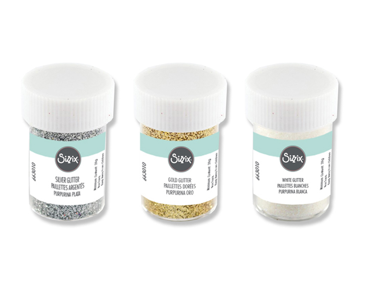 E663010 Set 3 botes purpurina colores blanco oro y plata Sizzix