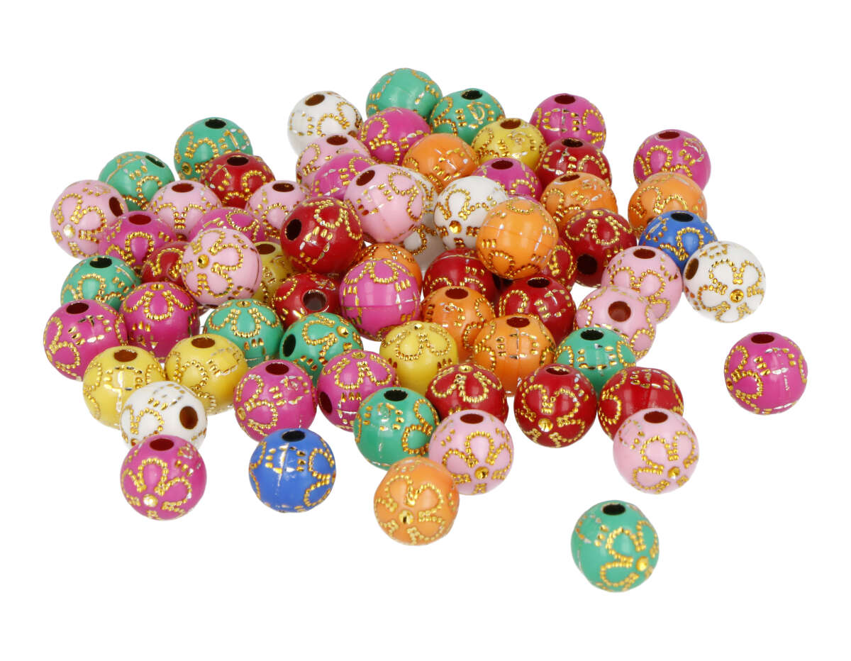 E7489 Perles en plastique rondes multicolore a la facon orientale et decor dore diam 10mm 400u aprox trou 2 5mm Innspiro