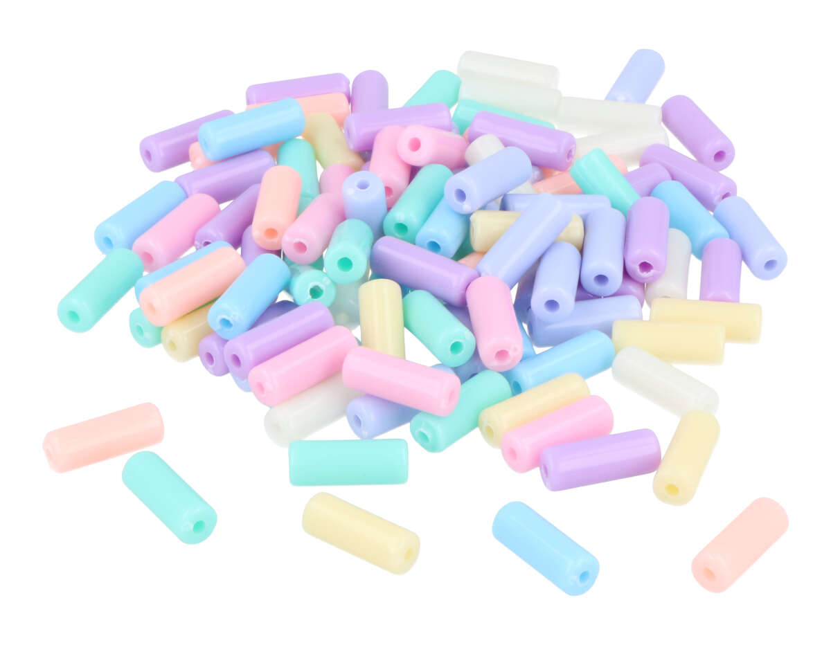 Perles en plastique forme cylindrique multicolore pastel 13x5mm 800u.  aprox. trou 1,5mm.