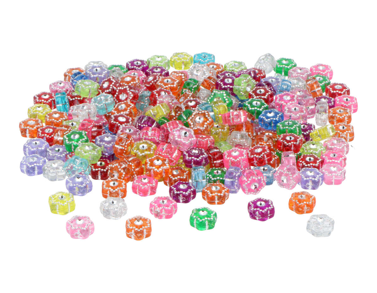 E7567 Perles en plastique forme de fleur etoile multicolore transparent decores 7 5x4mm 1500u aprox trou 1mm Innspiro