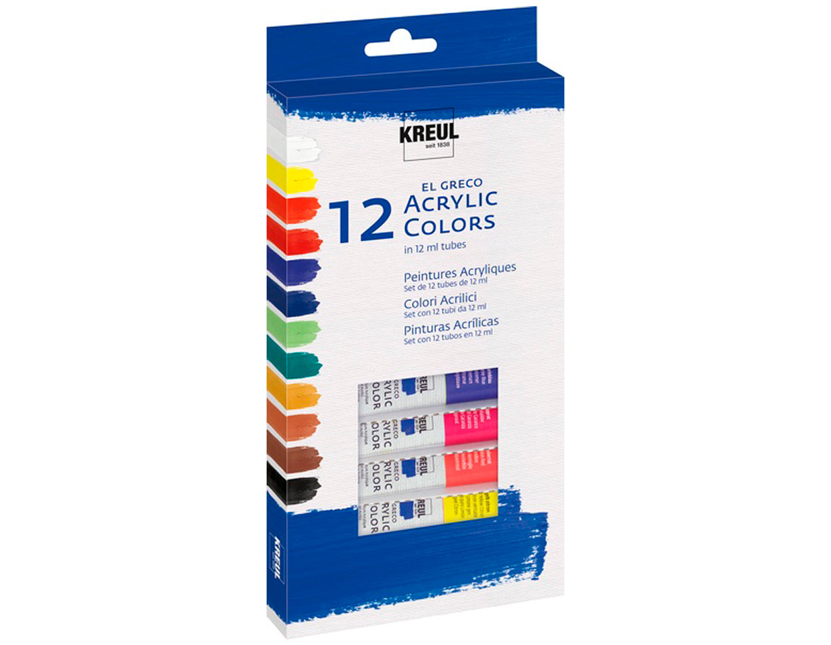 K28250 Set de 12 tubes de peinture acrylique pour artistes EL GRECO Couleurs assorties en tubes de 12 ml C Kreul