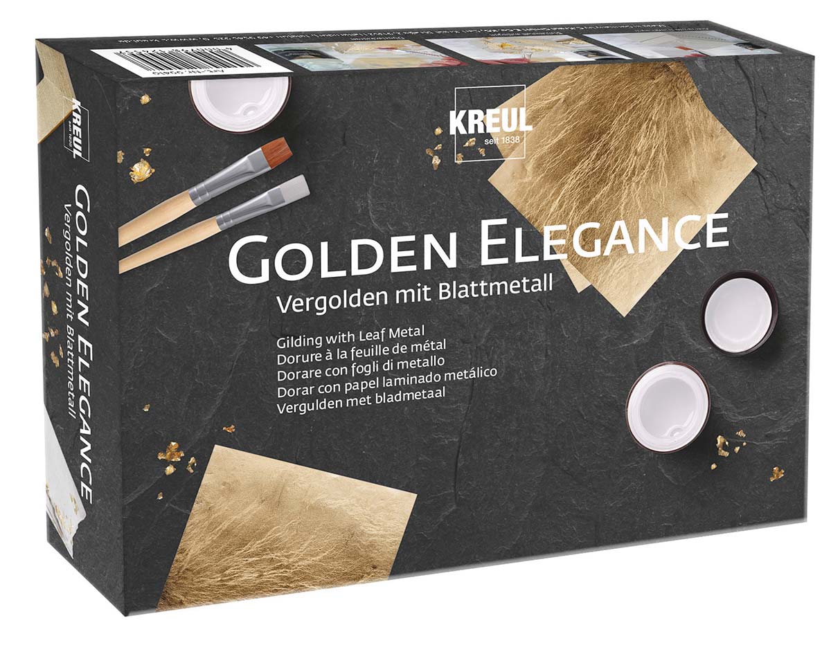 K99410 Kit KREUL GOLDEN ELEGANCE para decorar con hojas metalica dorada Kreul