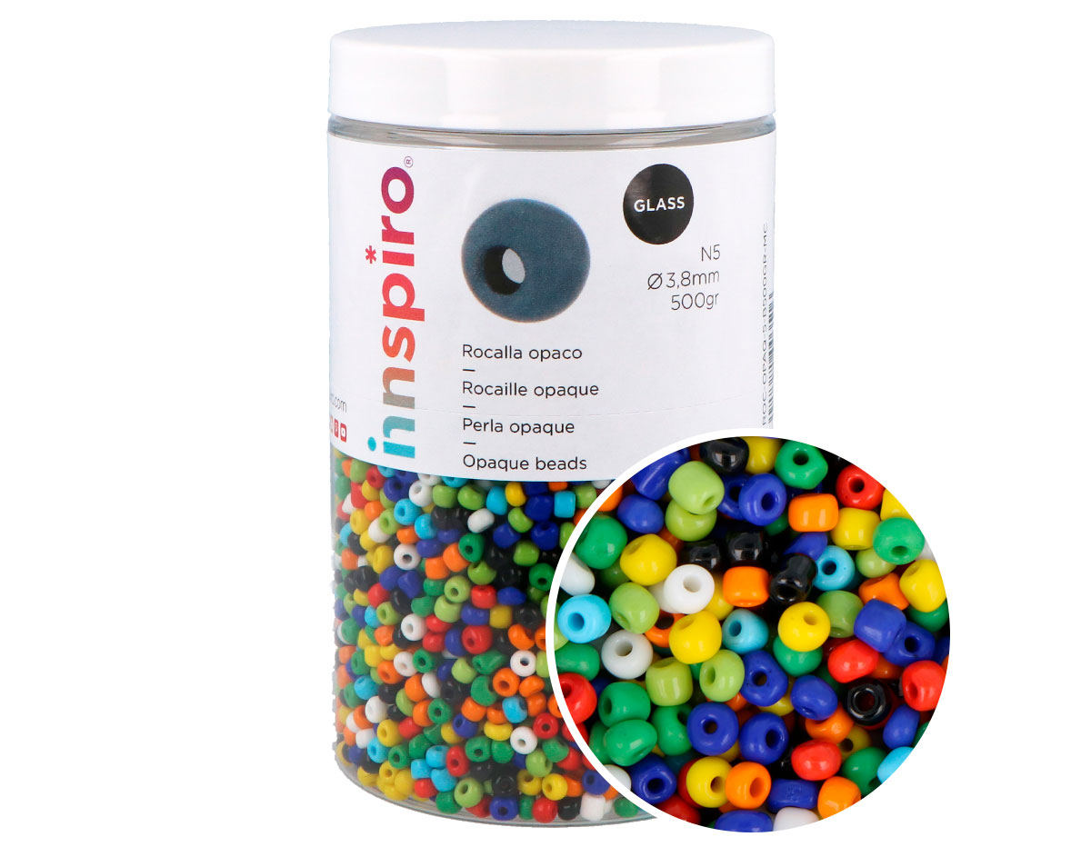 ROC-OPAQ-5-B500GR-MC Rocailles en verre N5 multicolore opaque diam 3 8mm 500gr aprox Innspiro