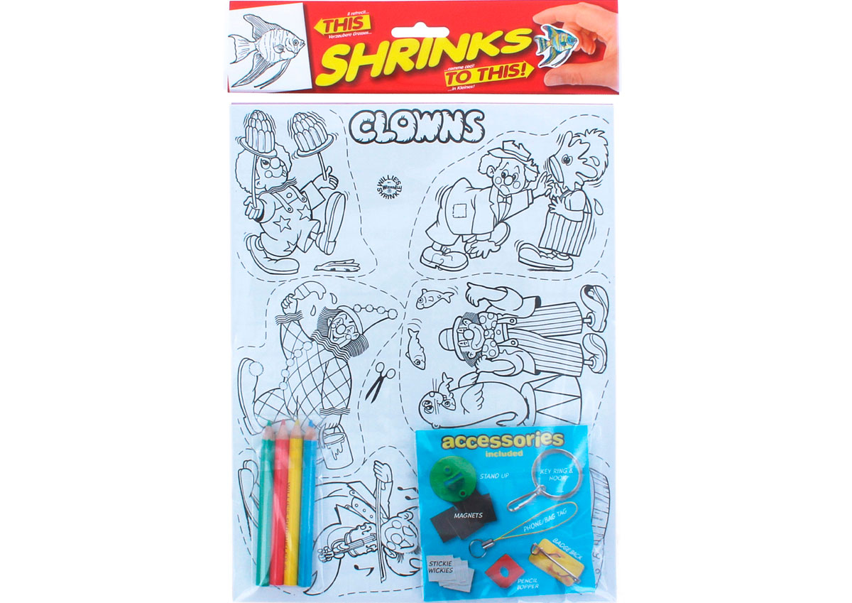 S1060-07 Kit plastique magique Clowns avec 6 designs et accessoires Shrinkles