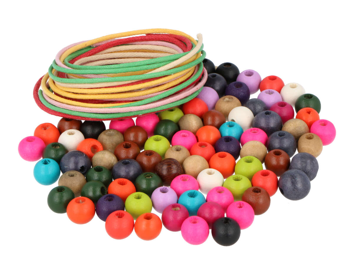 SP-16615 Perles bois boule couleurs assorties 10mm et 5m fil coton 500u Aprox Innspiro