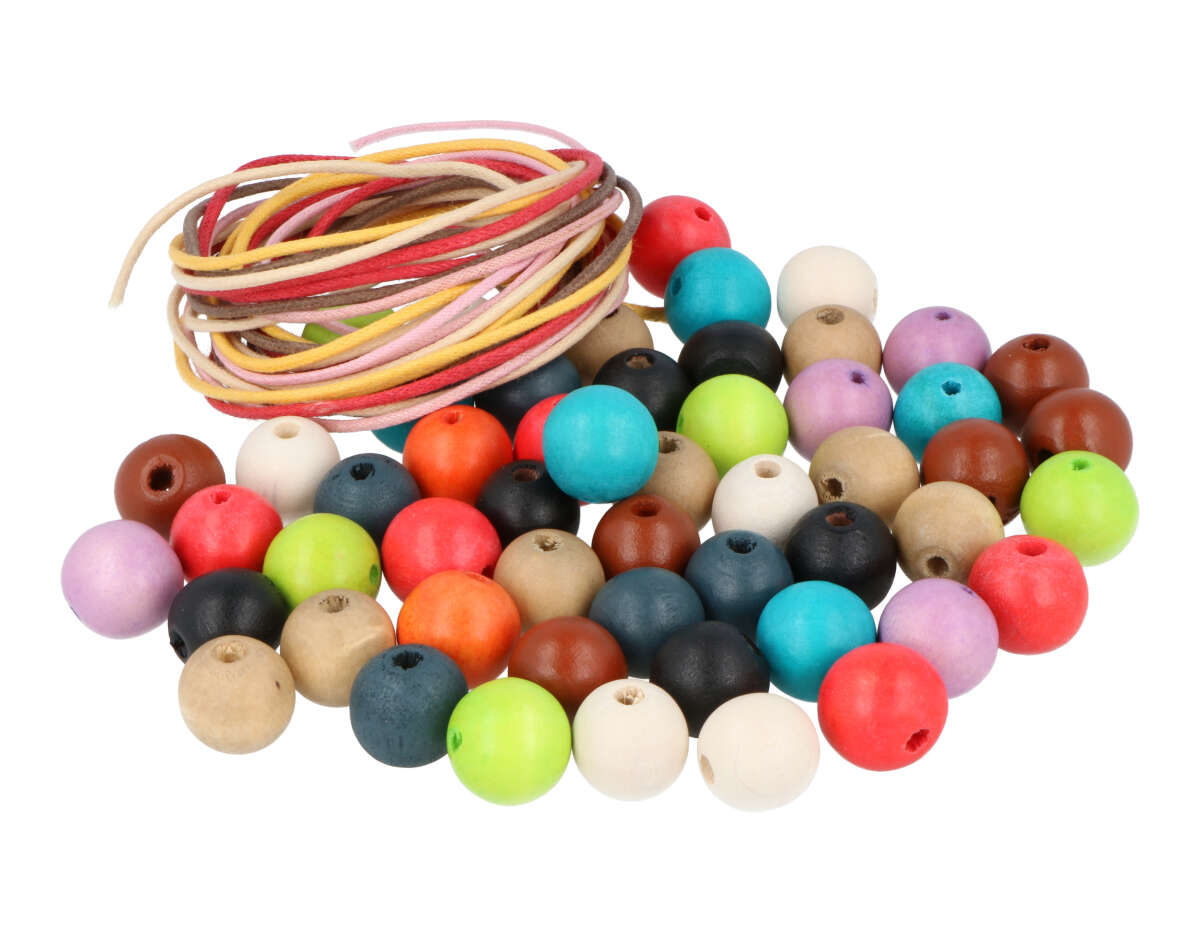 SP-16616 Perles bois boule couleurs assorties 15mm et 5m fil coton 300u Aprox Innspiro
