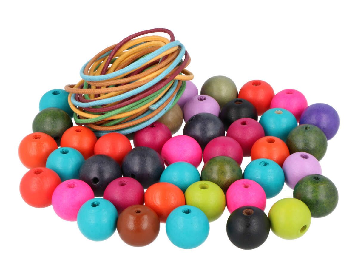 SP-16617 Perles bois boule couleurs assorties 20mm et 5m fil coton 150u Aprox Innspiro