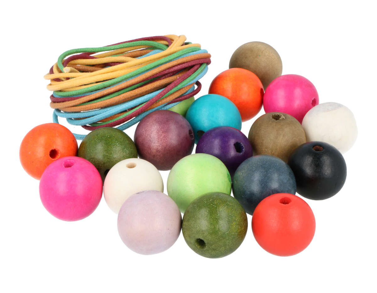 SP-16618 Perles bois boule couleurs assorties 25mm et 5m fil coton 100u Aprox Innspiro