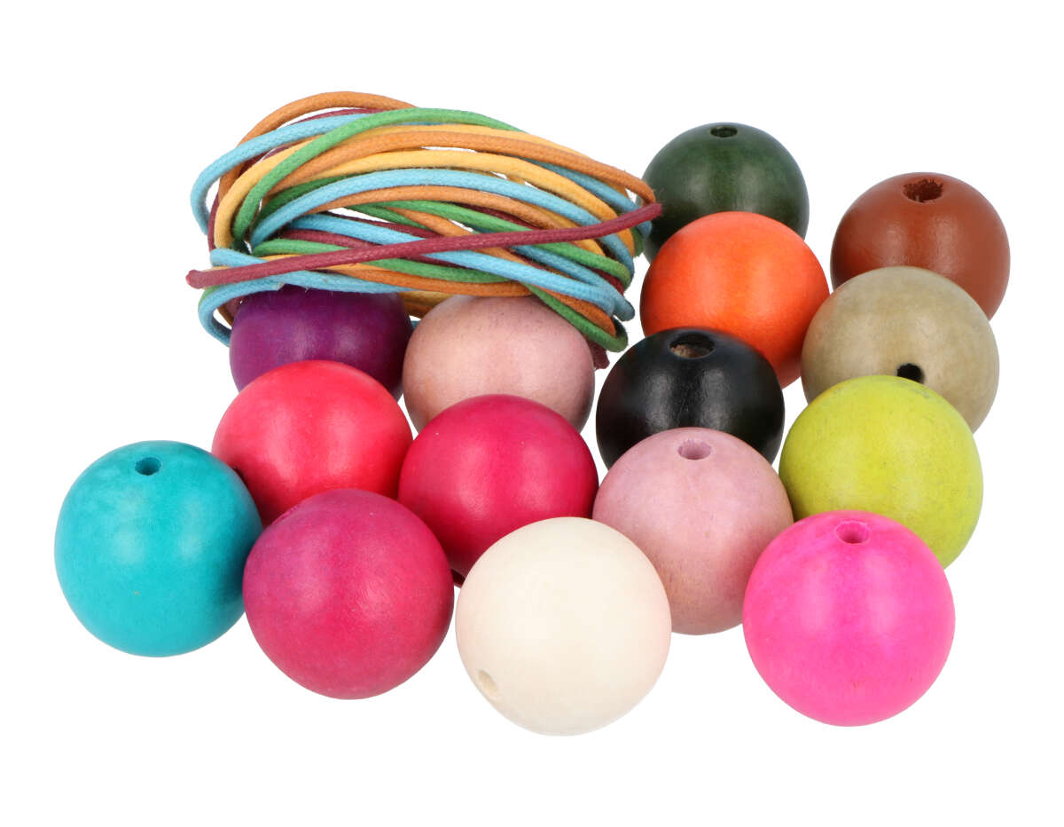 SP-16619 Perles bois boule couleurs assorties 30mm et 5m fil coton 50u Aprox Innspiro