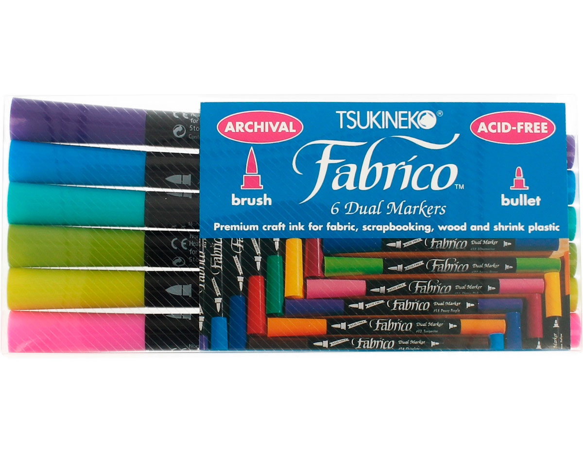 TFAM-6G Set 6 rotuladores para textil FABRICO MARKERS doble punta pincel bala gemas Tsukineko