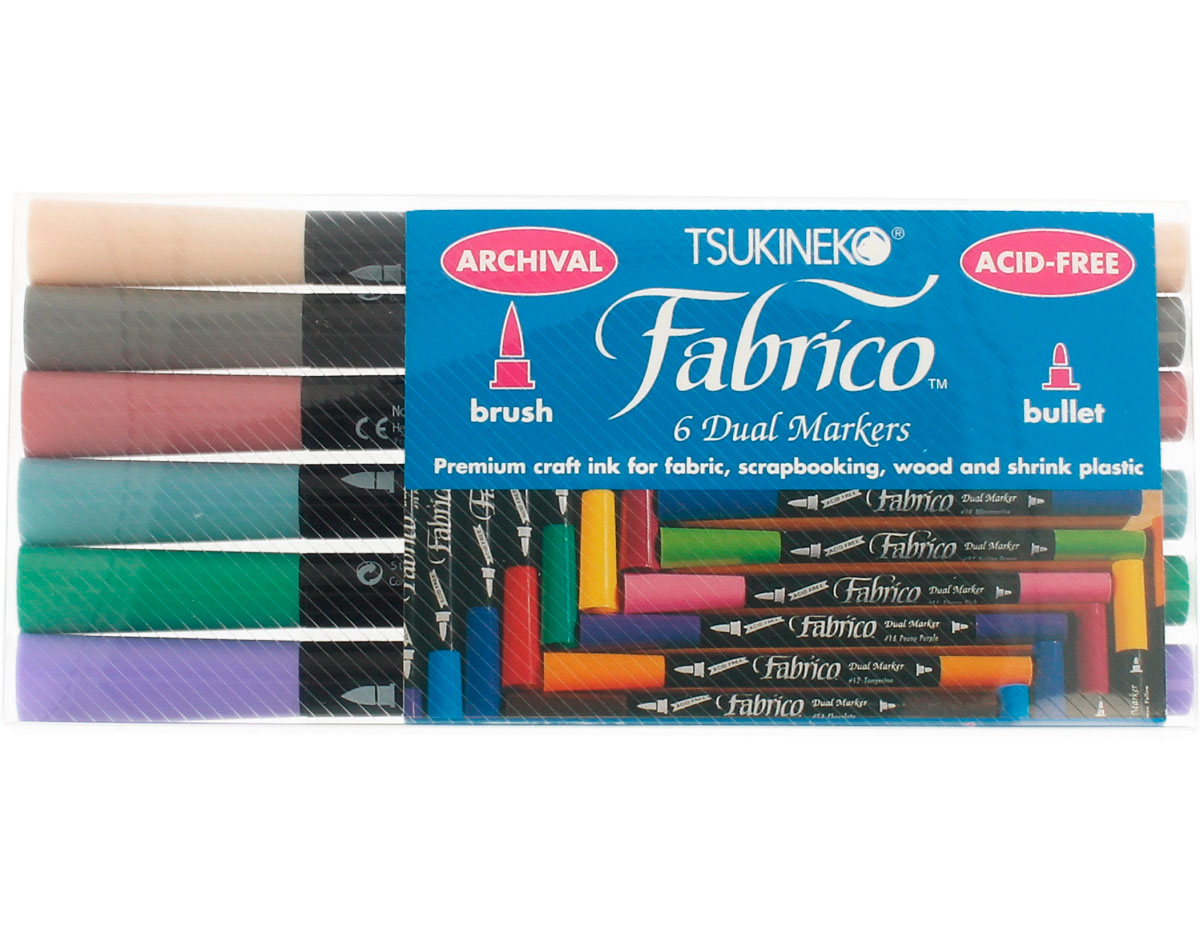 TFAM-6P Set 6 rotuladores para textil FABRICO MARKERS doble punta pincel bala tonos pastel Tsukineko