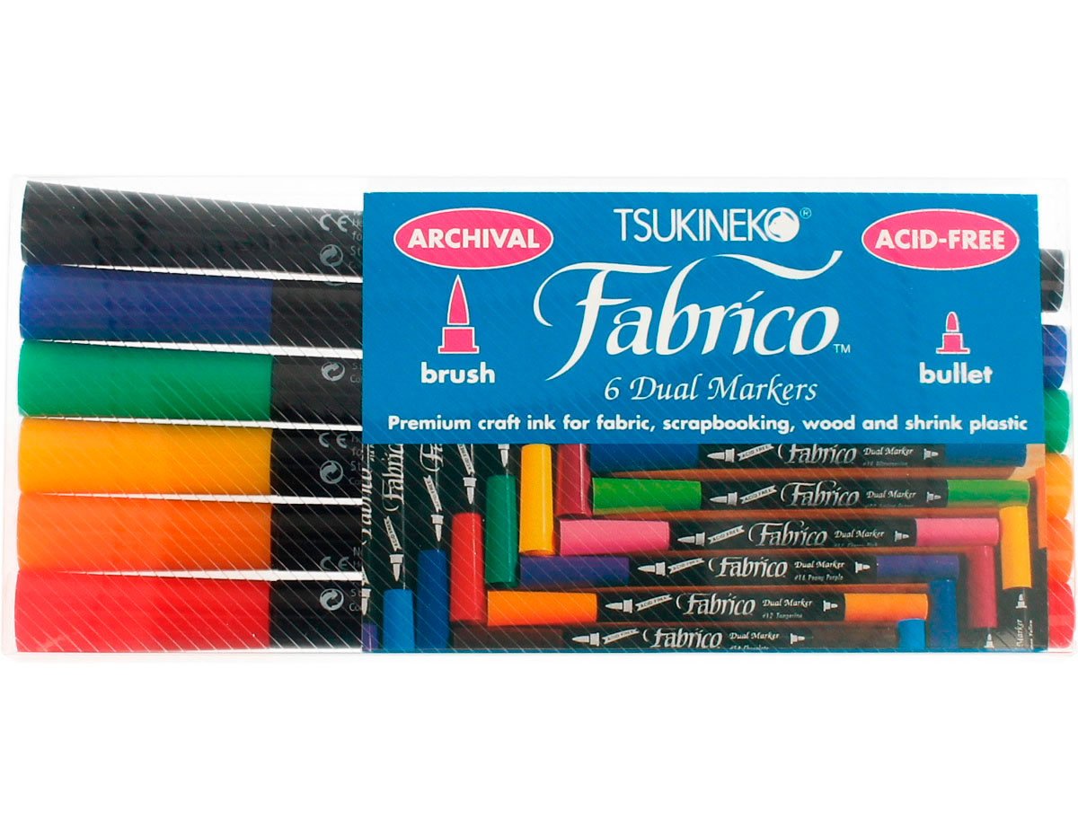 TFAM-6S Set 6 rotuladores para textil FABRICO MARKERS doble punta pincel bala estandard Tsukineko