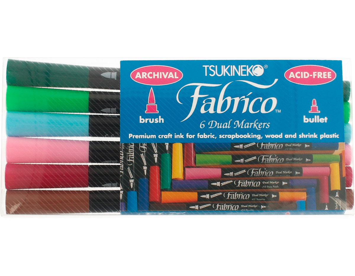 TPF-600-007 Set 6 rotuladores para textil FABRICO MARKERS doble punta pincel bala arboreto Tsukineko