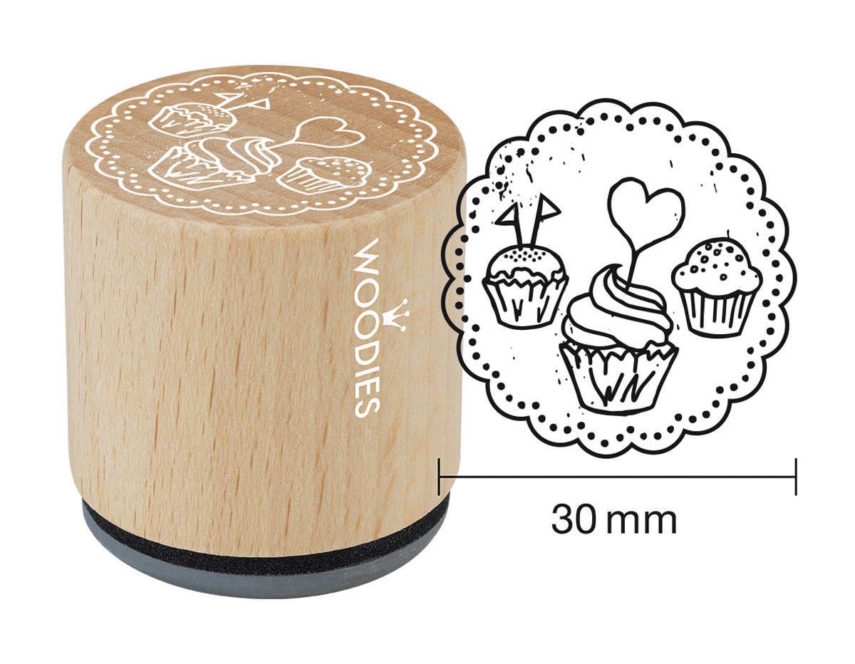 W17008 Sello de madera y caucho 3 madalenas diam 33x30mm Woodies