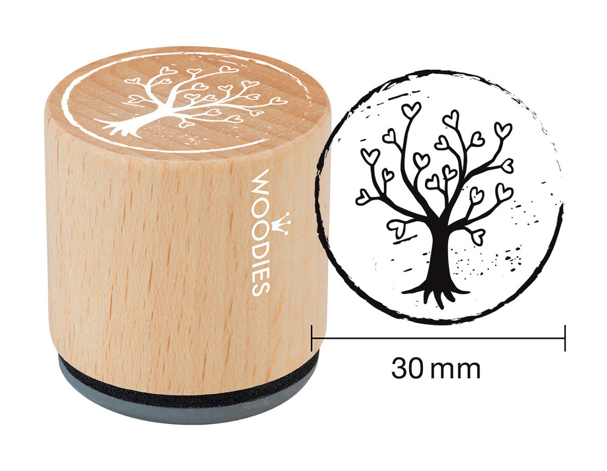 W19001 Sello de madera y caucho arbol con corazones diam 33x30mm Woodies