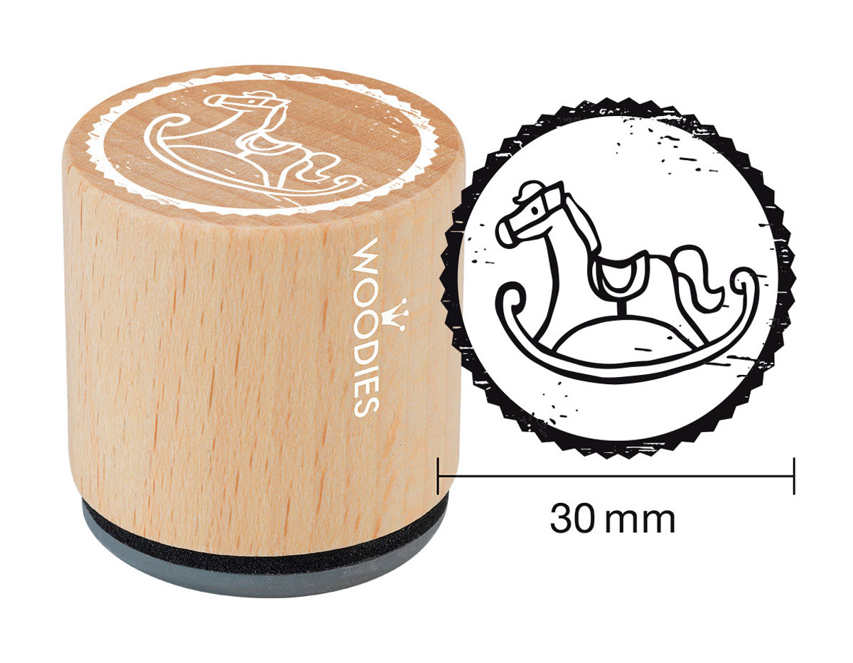 W20006 Sello de madera y caucho caballito balancin diam 33x30mm Woodies