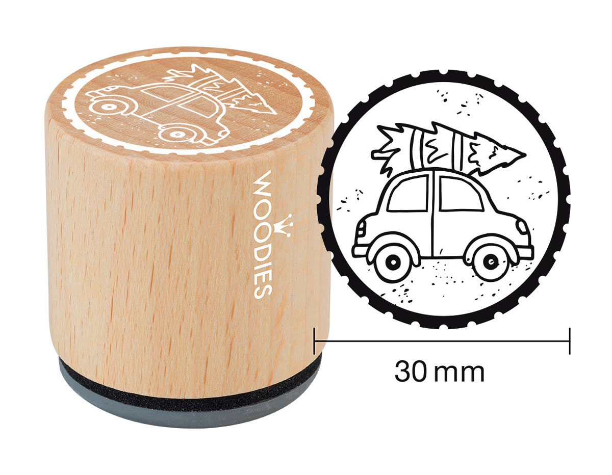 W21001 Sello de madera y caucho coche con abeto diam 33x30mm Woodies