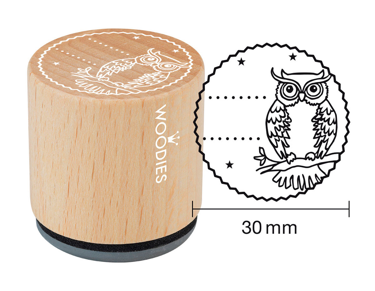 W22002 Sello de madera y caucho buho diam 33x30mm Woodies
