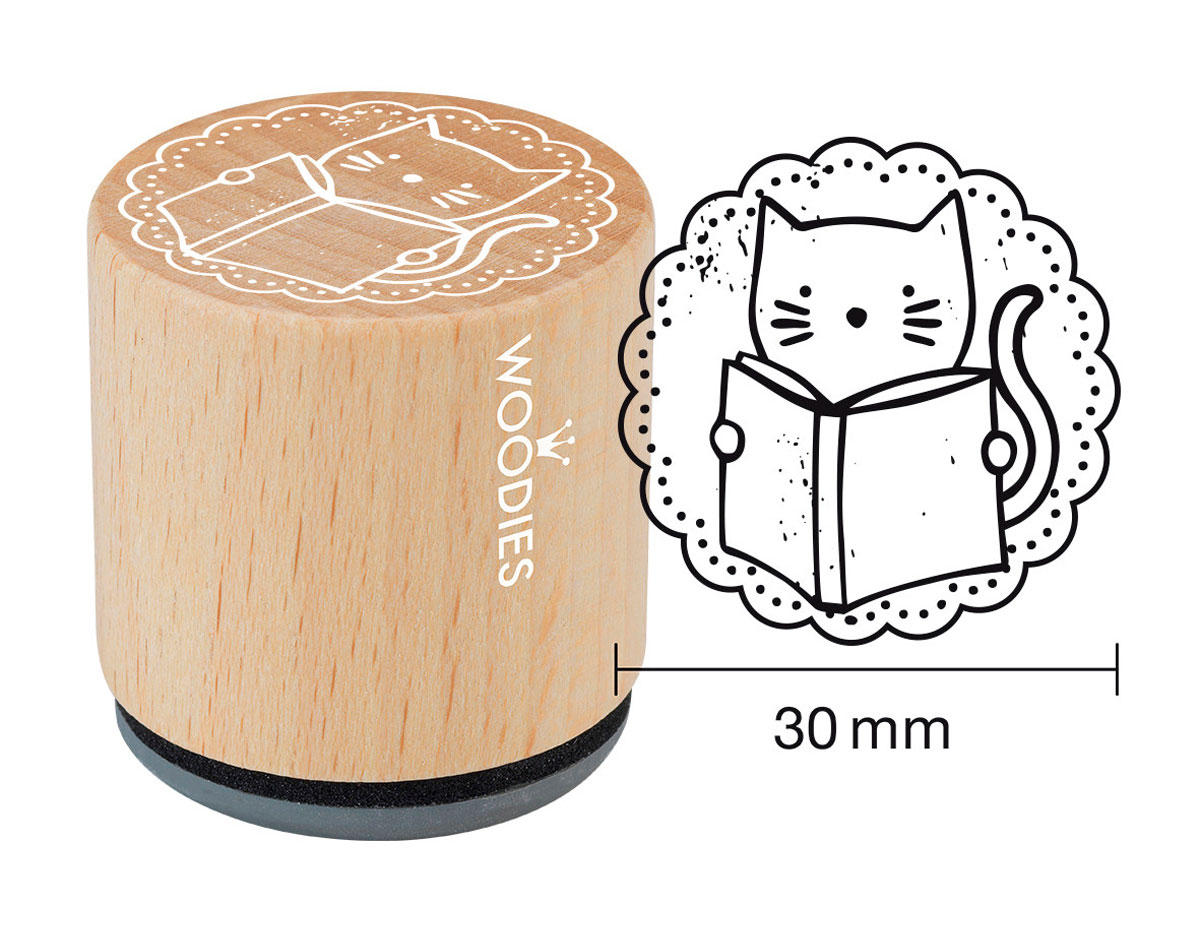 W22004 Sello de madera y caucho gato leyendo diam 33x30mm Woodies