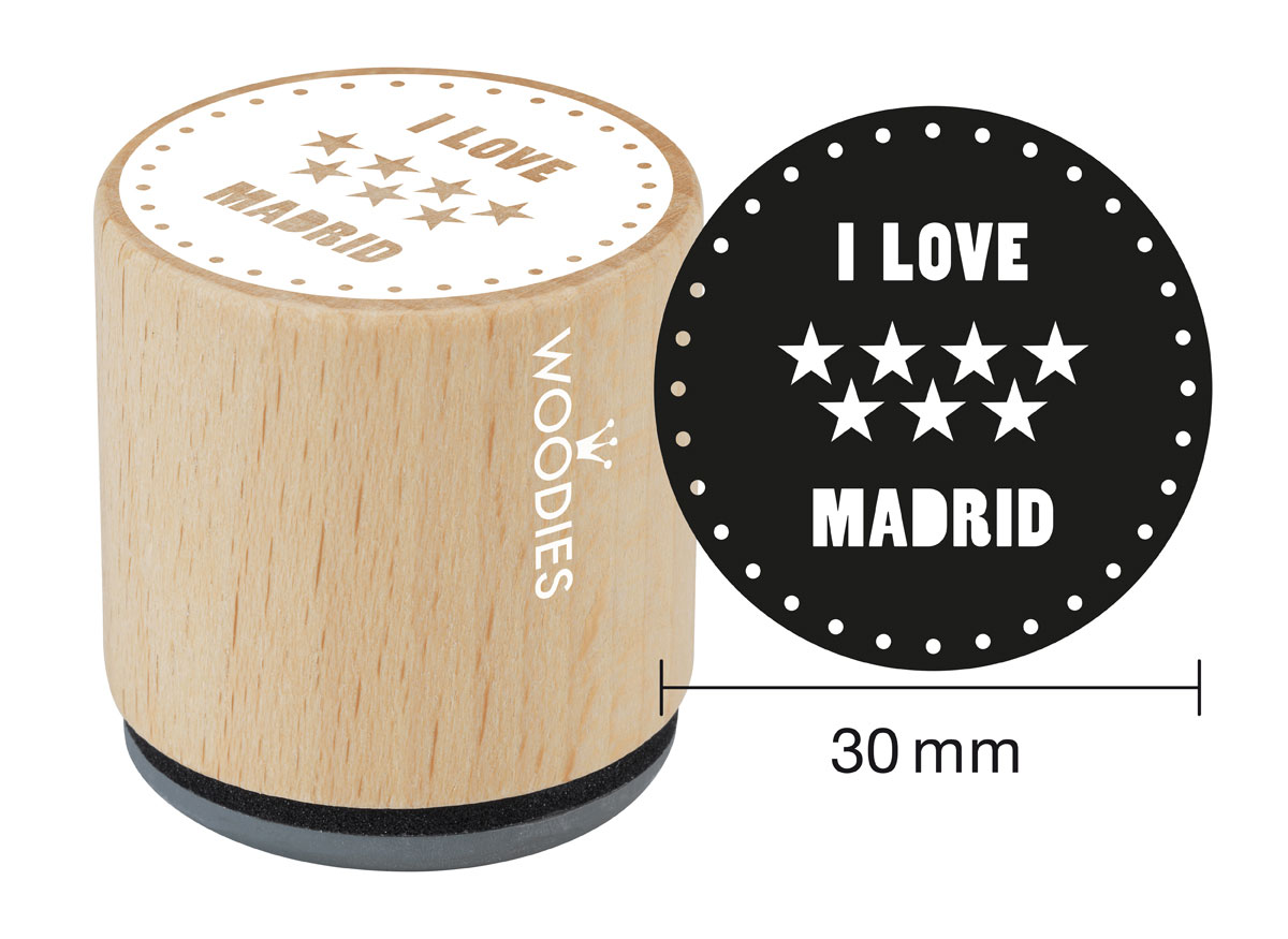 WB1105 Tampon en bois et caoutchouc I love Madrid (estrellas) diam 33x30mm Woodies