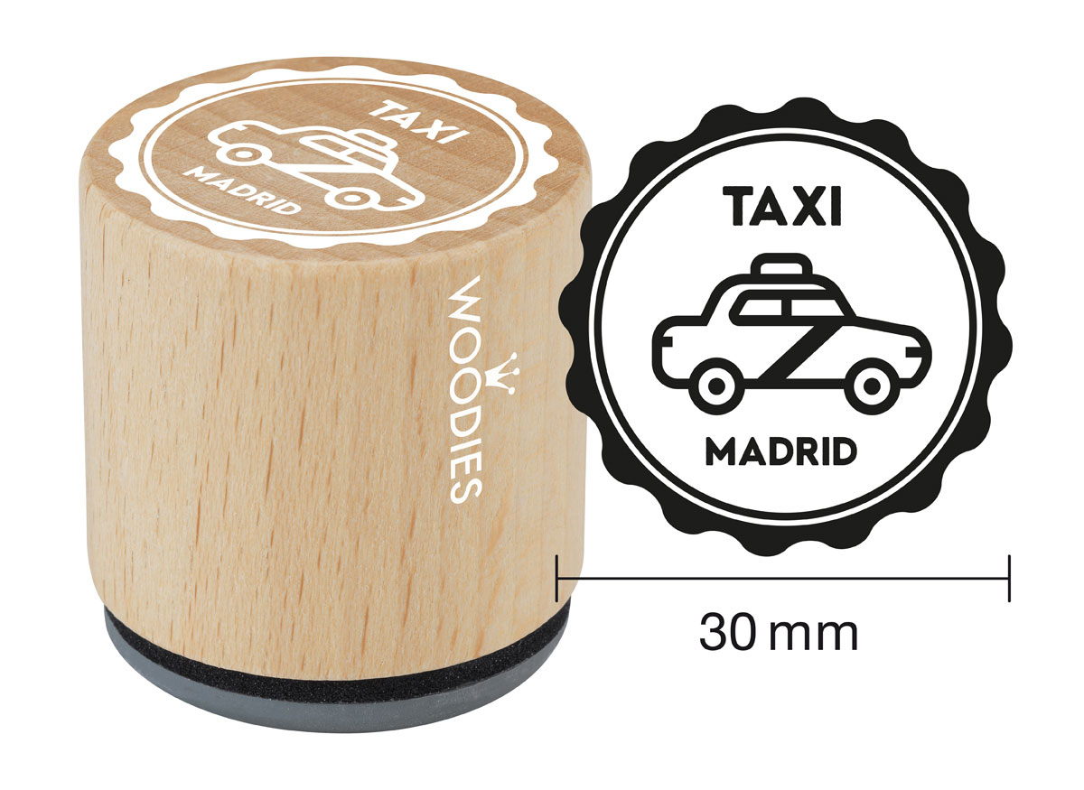 WB1106 Tampon en bois et caoutchouc Taxi Madrid diam 33x30mm Woodies