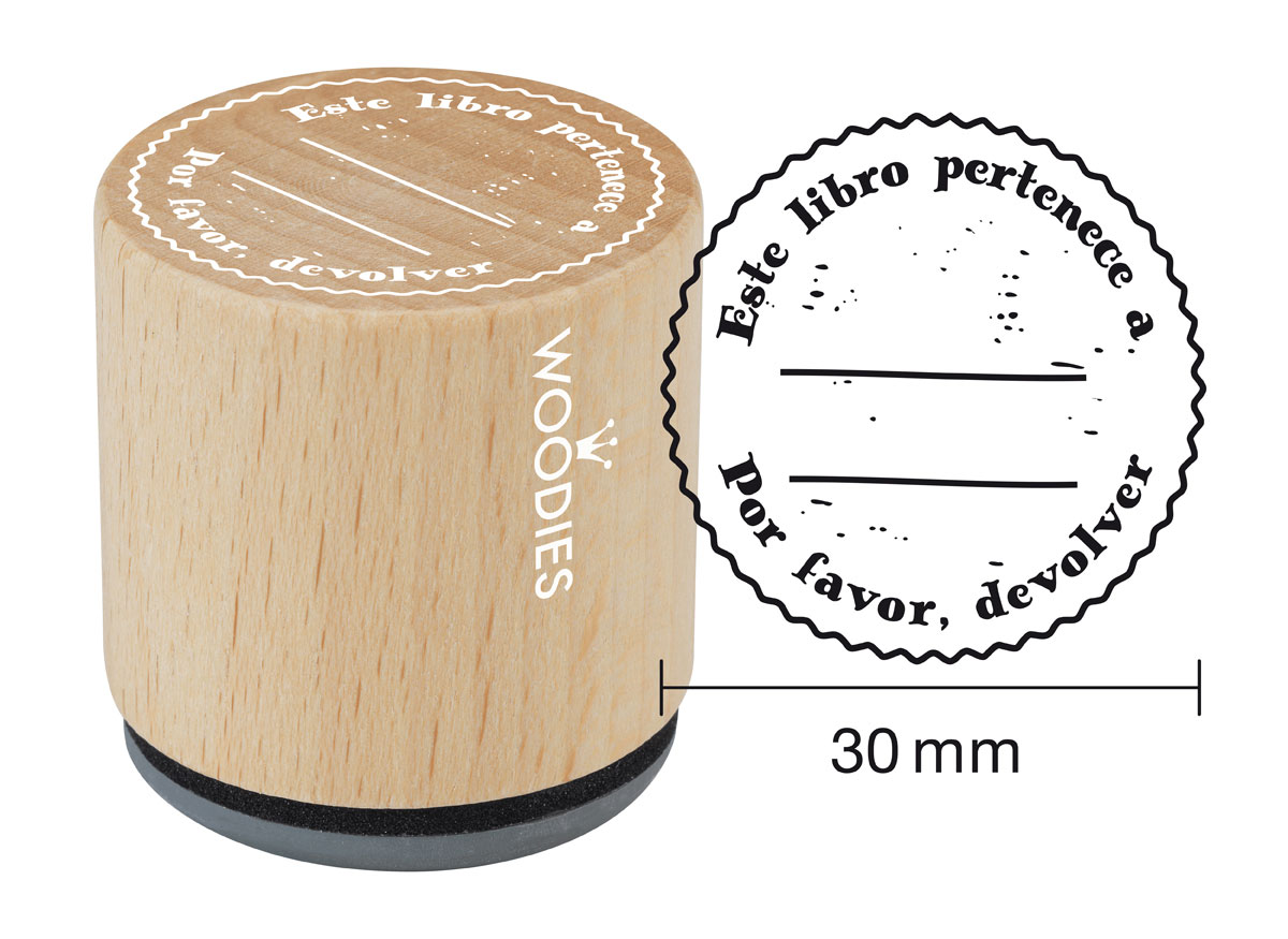 WB8001 Sello de madera y caucho Este libro pertenece a Por favor devolver diam 33x30mm Woodies