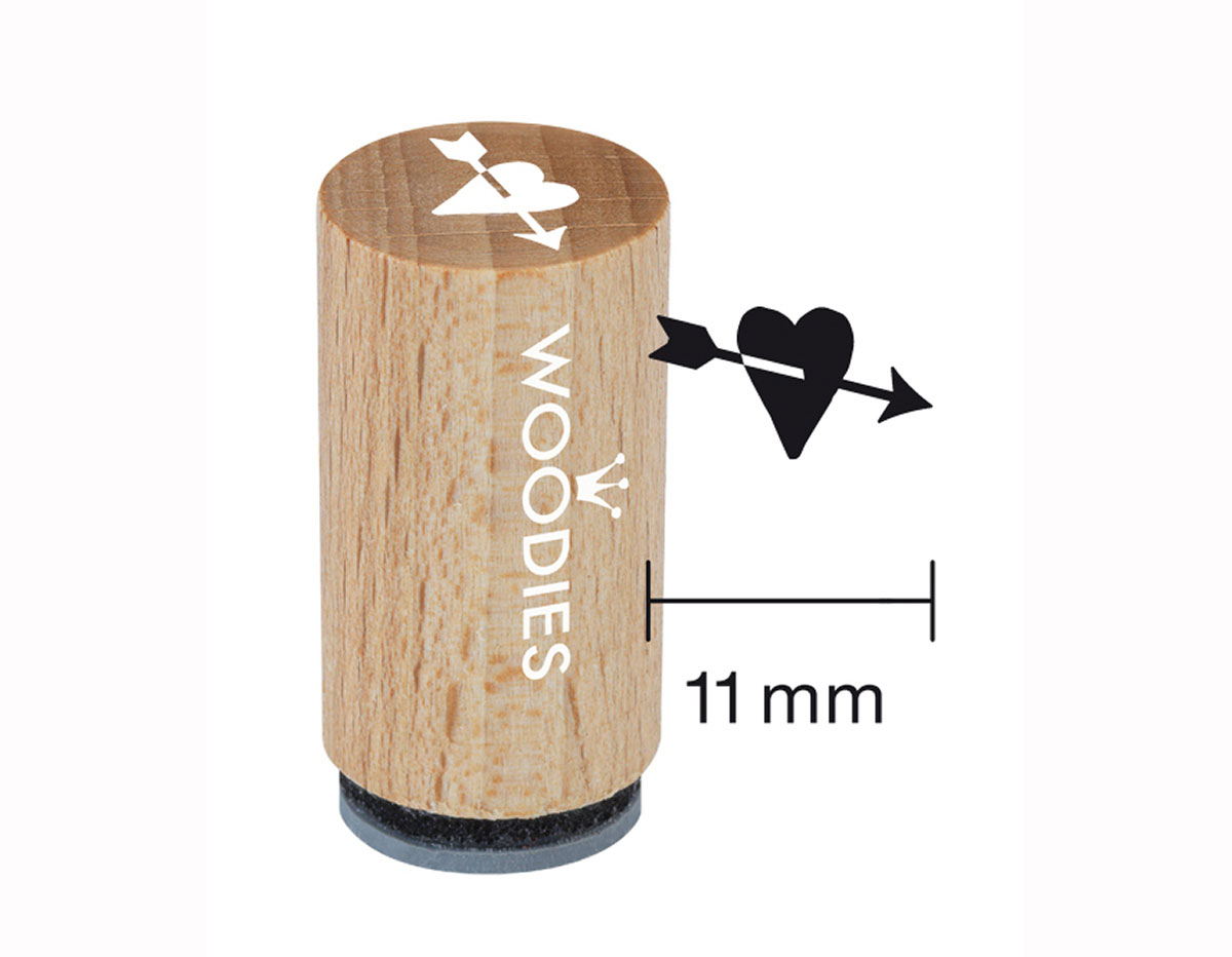 WM0409 Tampon mini en bois et caoutchouc coeur avec fleche diam 15x25mm Woodies