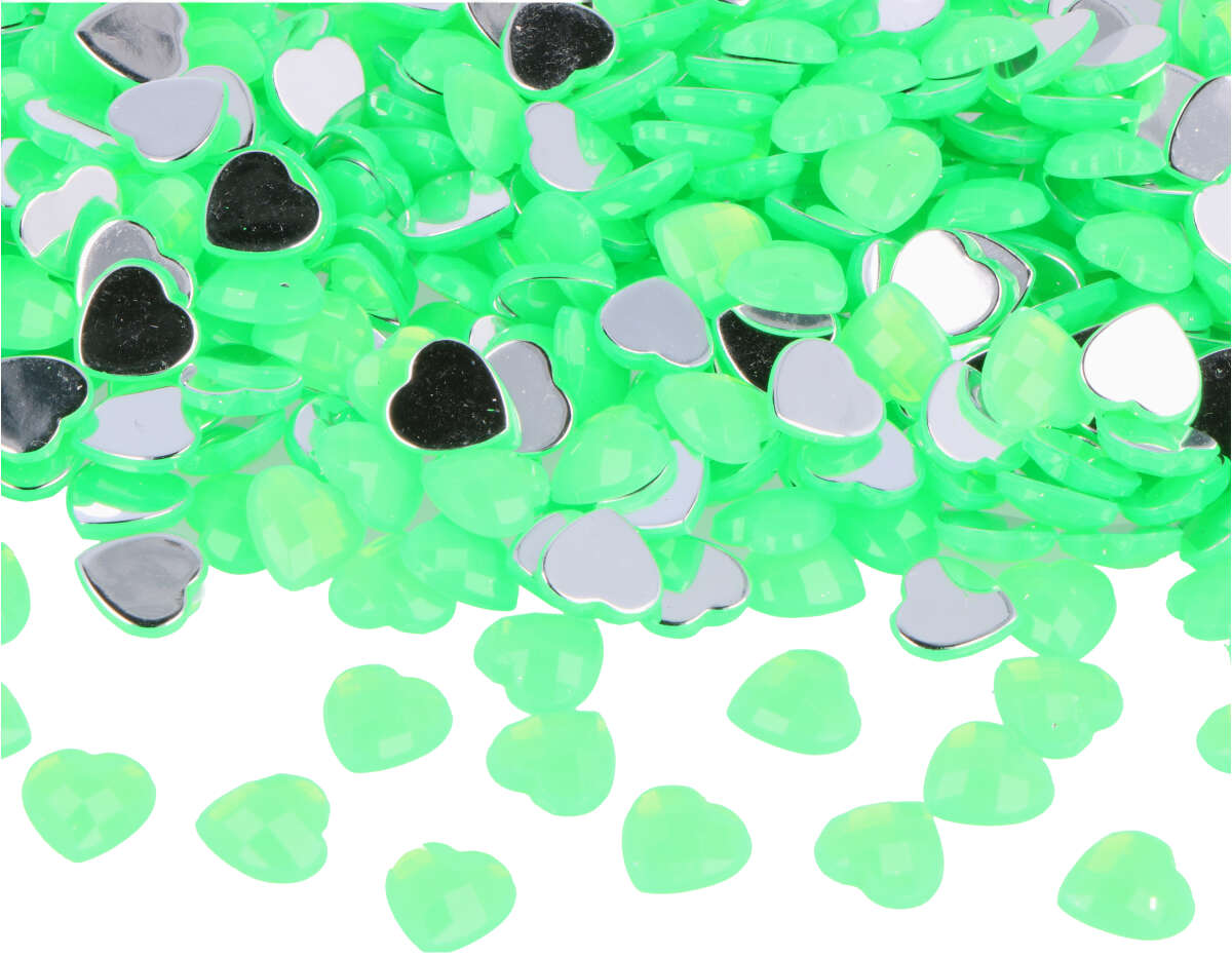 Z2301009 Gemas decorativas acrilicas corazon verde fluor 10x10mm 1000u Aprox Innspiro