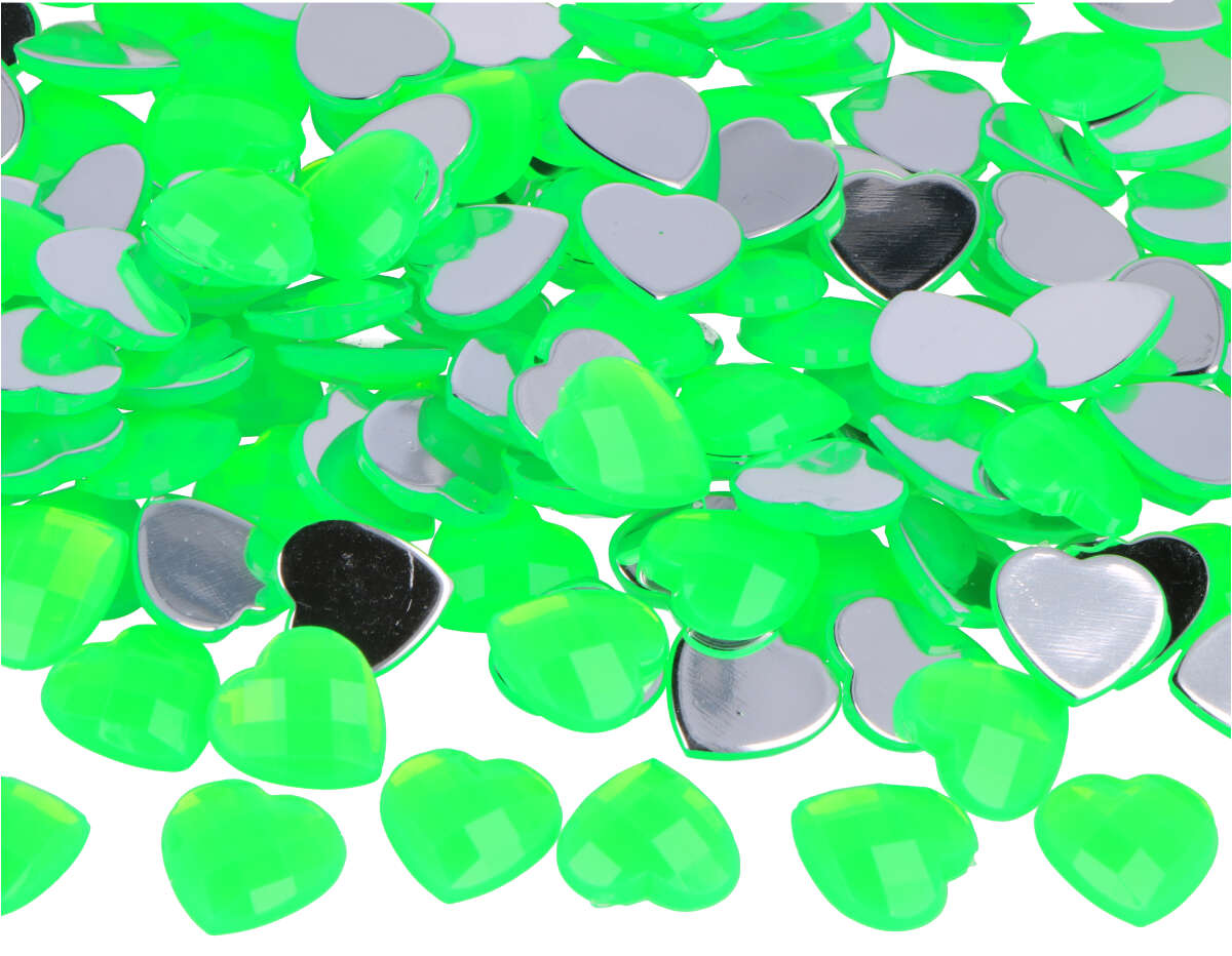 Z2301409 Gemas decorativas acrilicas corazon verde fluor 14x14mm 500u Aprox Innspiro