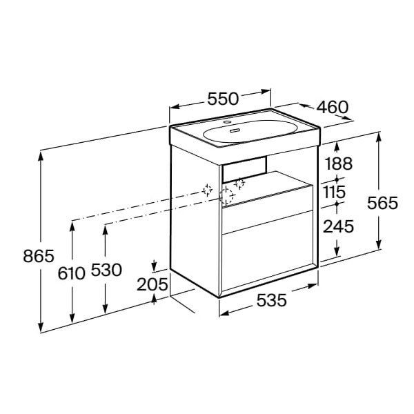 Mueble base para lavabo Meridian Roca - 2 cajones y estante abierto - Ítem1