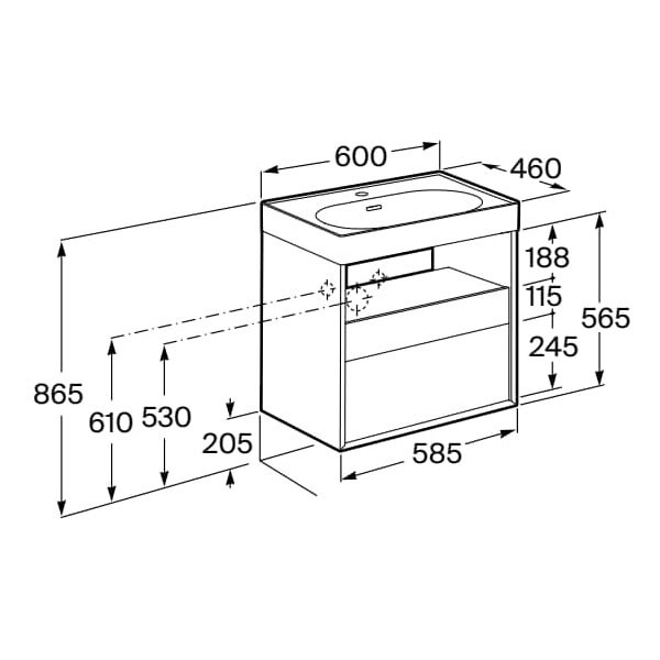 Mueble base para lavabo Meridian Roca - 2 cajones y estante abierto - Ítem2