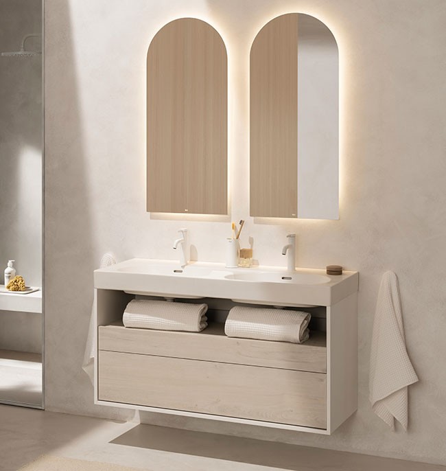 Mueble base para lavabo doble Meridian Roca - 2 cajones y estante abierto