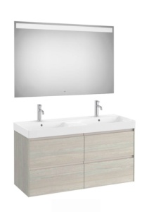 Mueble baño Metropolis de 120 cm con 1 lavabo ceramico de 2 senos y espejo  con trasera. - Zomwy