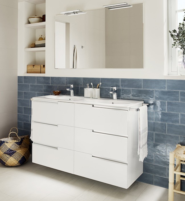 Pack de muebles de Baño en Blanco brillo (Mueble baño + espejo + lavabo  cerámico +