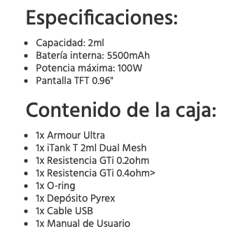 Kit Armour ULTRA 5.500mah 100W + iTank T Dual Mesh 2ml Vaporesso - Ítem13