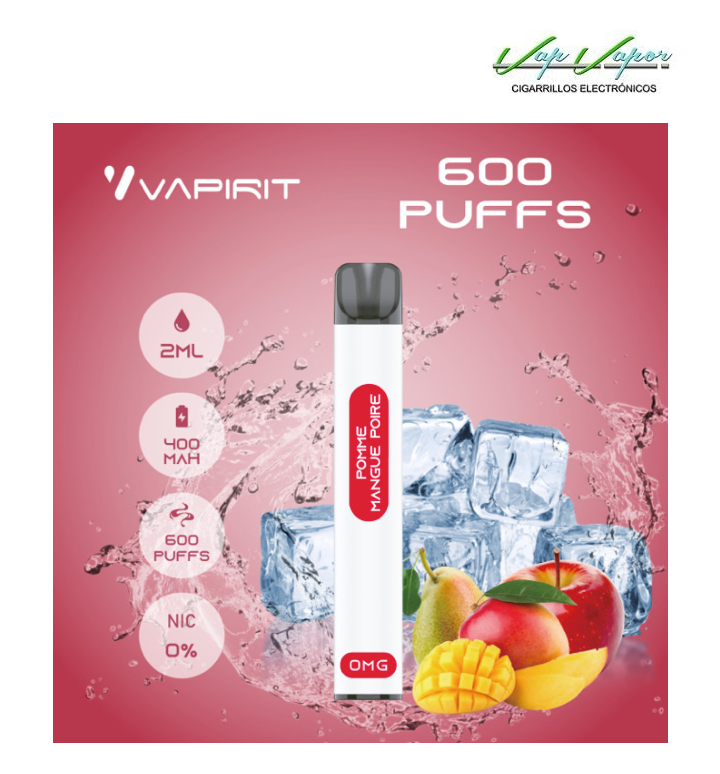 OFERTA BLACKFRIDAY!!! Pod Desechable MANZANA, MANGO, PERA (Pomme, Mangue, Poire) (0mg) 600CALADAS 2ml 400mah Vapirit