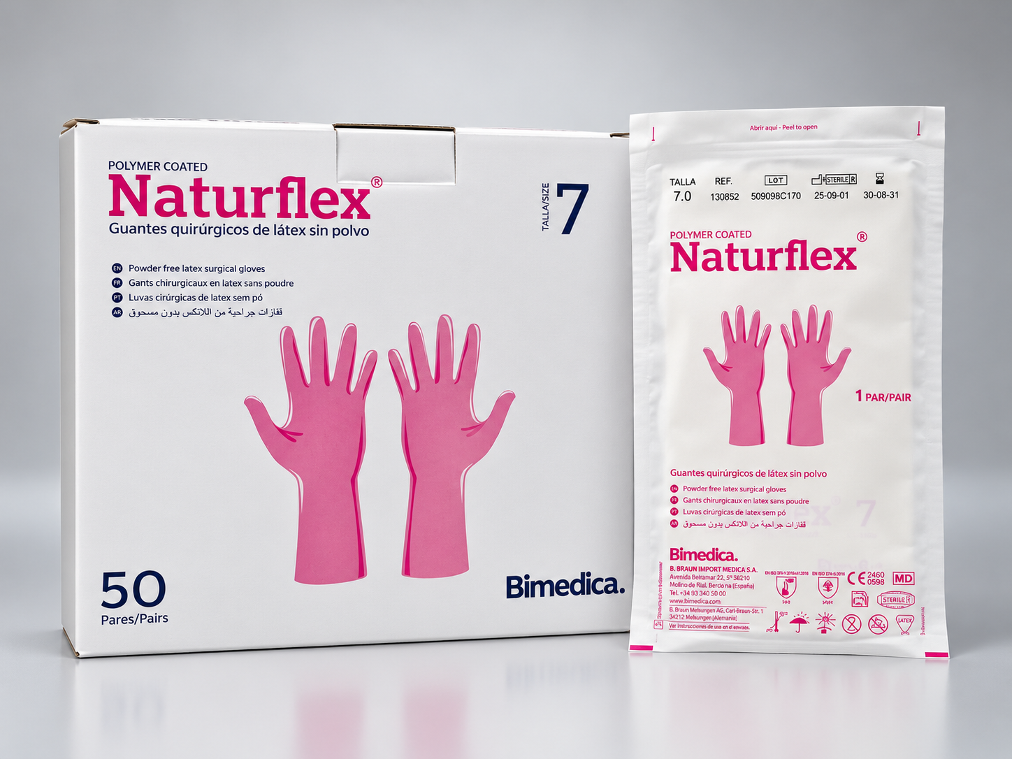 Caja de guantes de cirugía estériles sin polvo talla 7 látex Naturflex