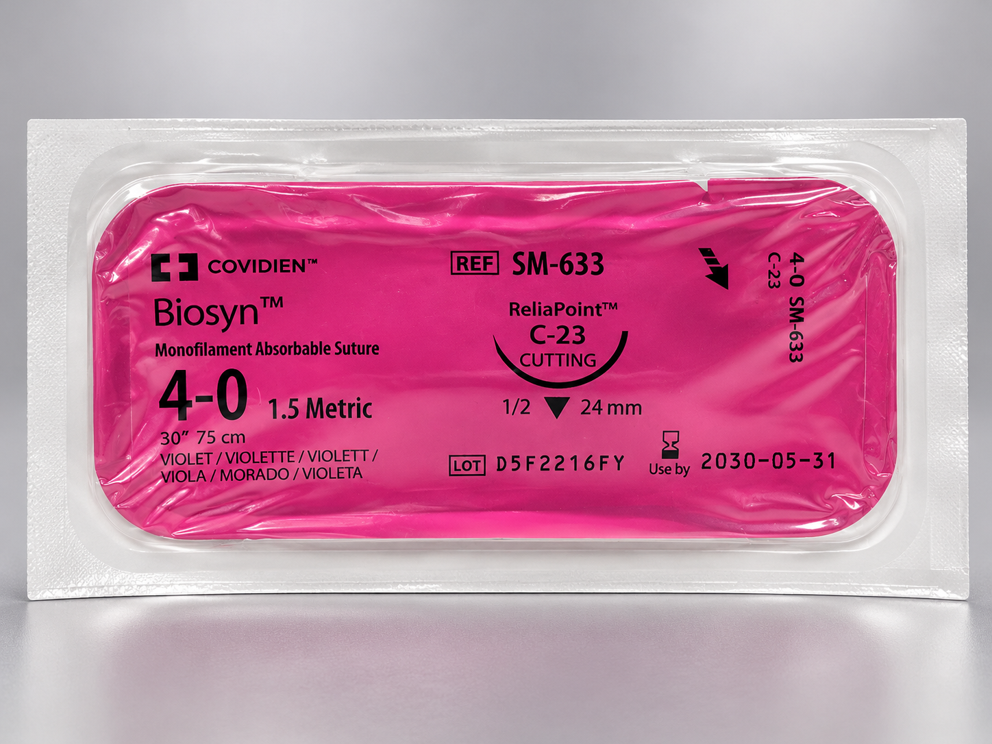 Sutura absorbible monofilamento Biosyn 4/0 aguja triangular 24 mm hebra 75 cm para uso médico y veterinario