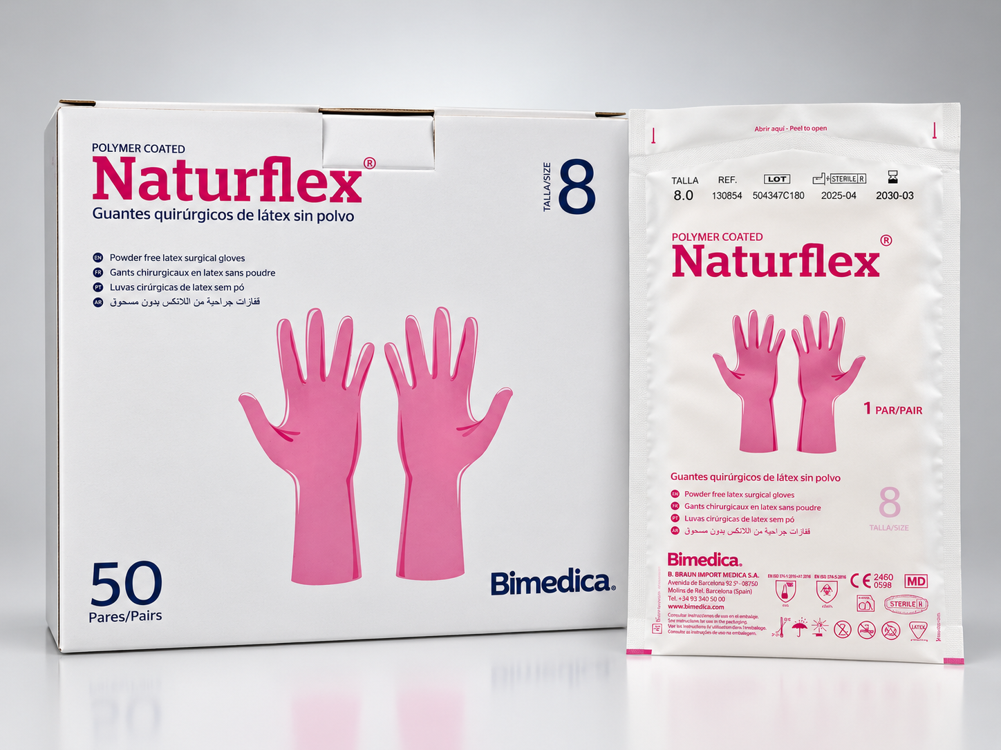 Caja de guantes de cirugía estériles sin polvo talla 8 látex Naturflex