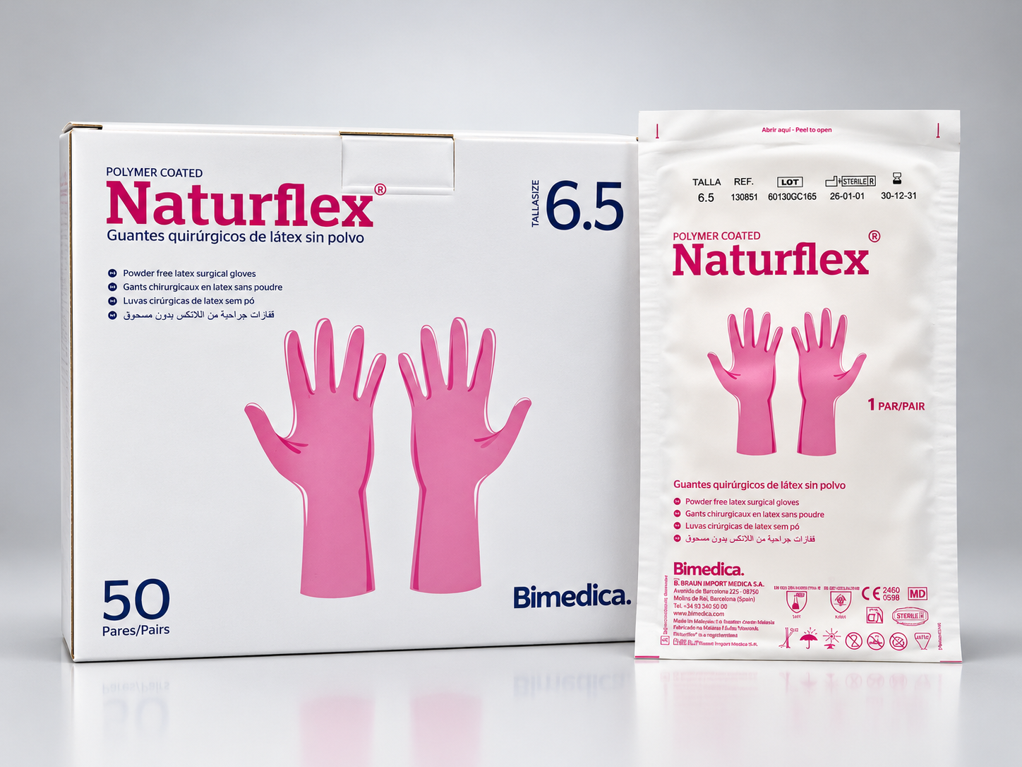 Caja de guantes de cirugía estériles sin polvo talla 6,5 látex Naturflex