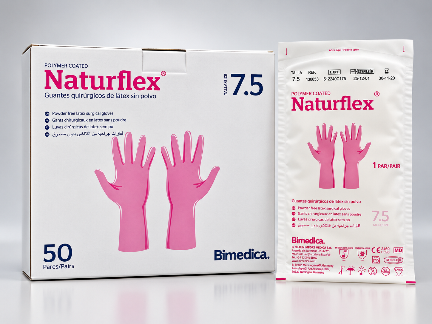 Caja de guantes de cirugía estériles sin polvo talla 7,5 látex Naturflex