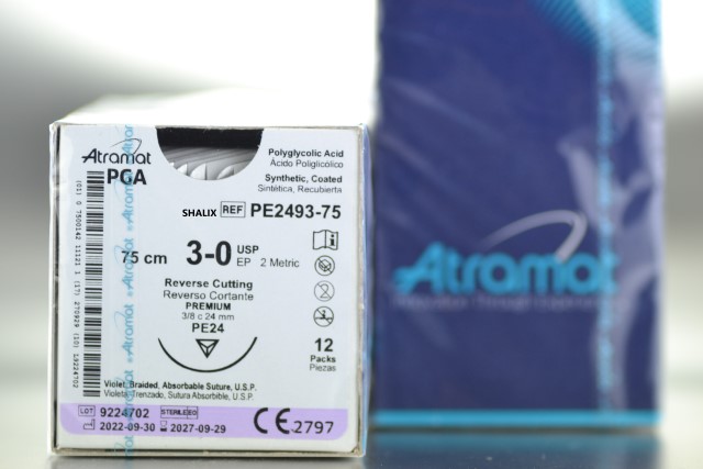 DSI PGA 3-0 Surgical Sutures - 3/8 Circle Reverse Needle, 75cm, 12 Sterile Packs