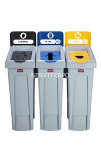 Kit de estación de reciclaje Slim Jim de 3 contenedores con tapas de reciclaje abiertas, cerradas y mixtas rubbermaid servitrapo