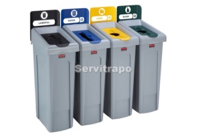 Kit de estación de reciclaje Slim Jim de 4 contenedores con tapas de reciclaje abiertas cerradas y mixtas