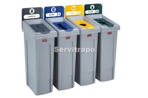 Kit d'estació de reciclatge Slim Jim de 4 contenidors amb tapes de reciclatge obertes tancades i mixtes rubbermaid