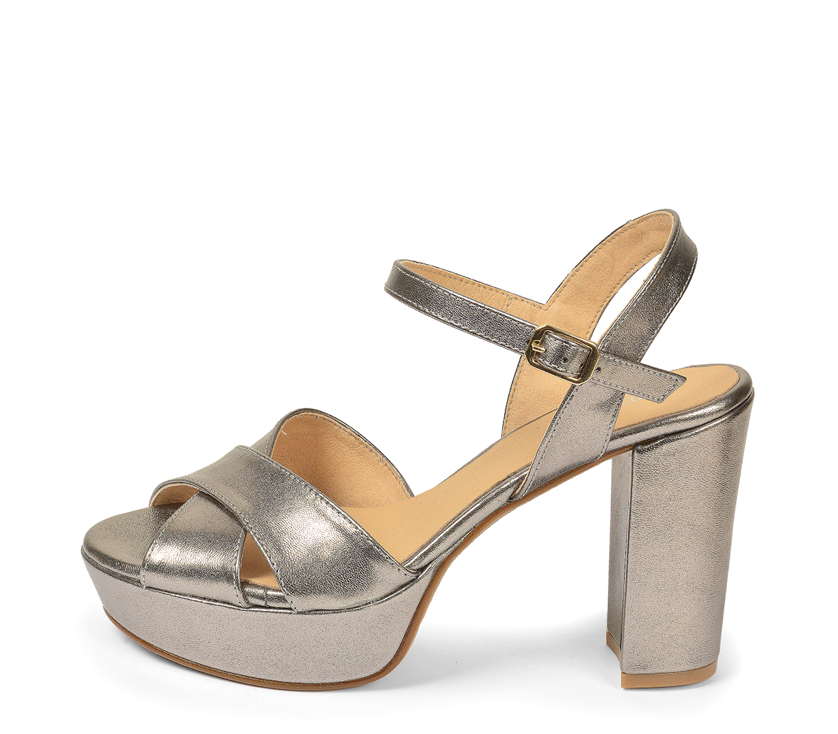 Ref. 5305 Sandalia metalizada plomo con pala cruzada y pulsera al tobillo.  Tacón de 10 cm