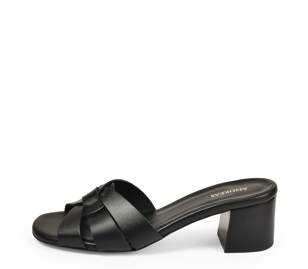Ref. 5460 Sandalia piel negra con pala trenzada. Altura tacón 5 cm y sin  plataforma delantera.