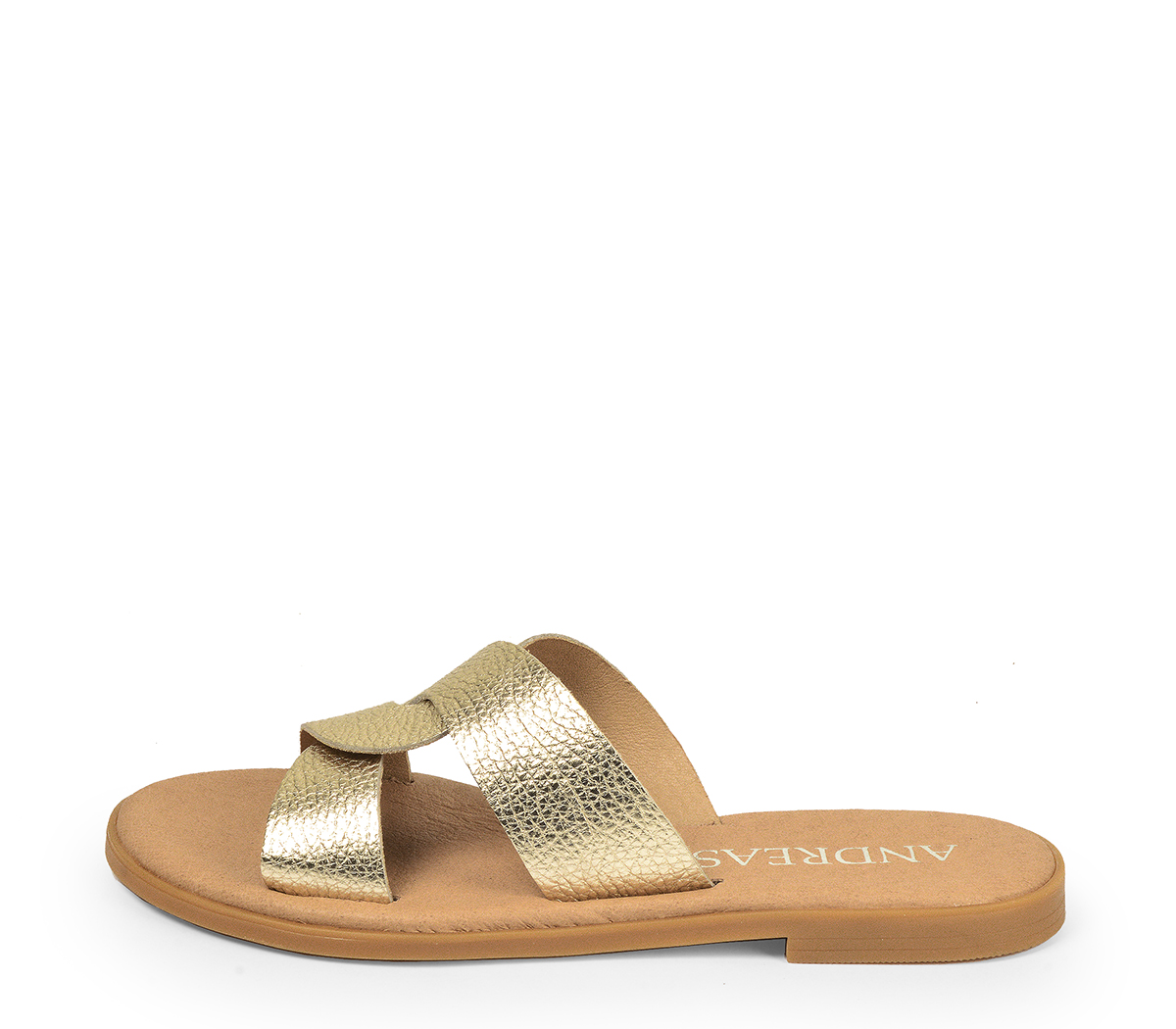 Ref. 5490 Sandalia piel platino con pala entrelazada. Plantilla acolchada  de piel. Suela de goma.