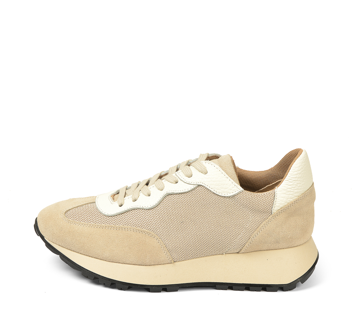 Ref. 5669 Sneaker combinada en serraje, piel y beige. Suela color beige con altura trasera