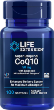 SUPER UBIQUINOL COQ10 CON APOYO MITOCONDRIAL MEJORADO ™, 50 MG 100 CAP LIFE EXTENSION